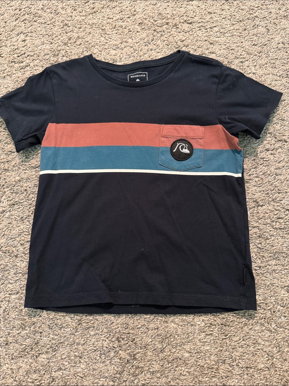 Quiksilver Navy Tee with Rust & Teal Chest Stripes